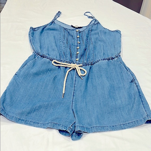 LOFT Blue Denim Romper with Drawstring Waist - Picture 1 of 6